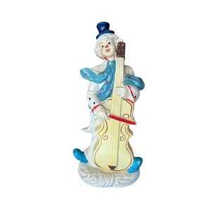 Vintage Ceramic Clown Figurine Playing Cello Double Bass Polka Dot Suit Blue Hat
